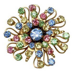 Vintage Rhinestone Starburst Brooch Pastel Gold Tone Atomic Mid Century 2"